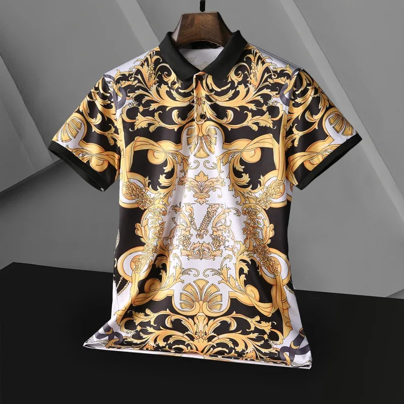 

2021 New Summer Man Shirts High Quality Gold Print Polo Shirts Men's British Fashion Men's Cotton Shirt polo homme manche courte