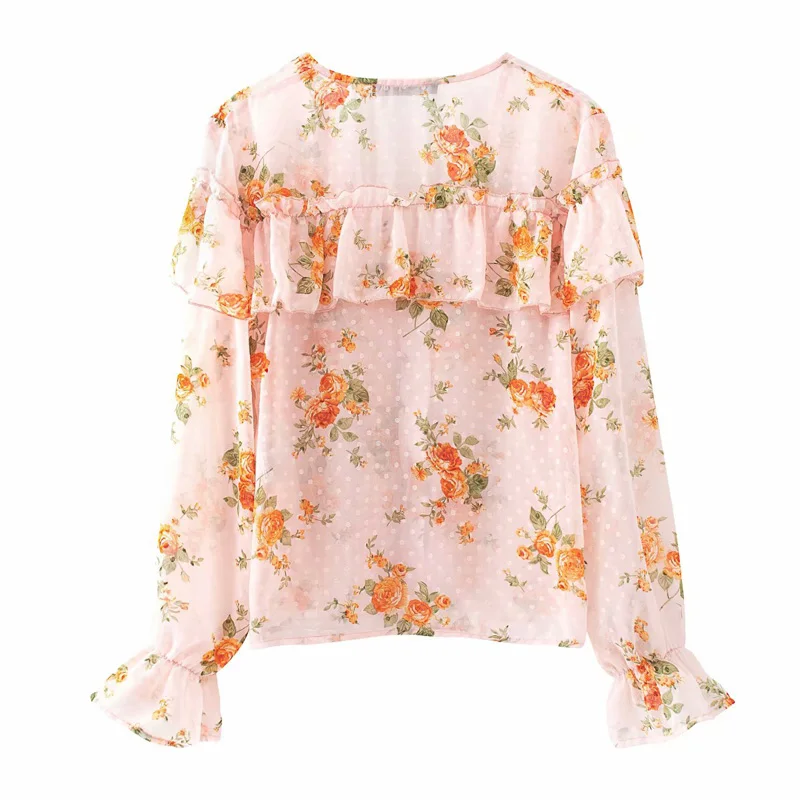 

EAYUCU Women Ruffled Floral Print V neck Transparent Chiffon Blouses 2020 New Long Sleeve Shirts Female Chic Summer Tops T499