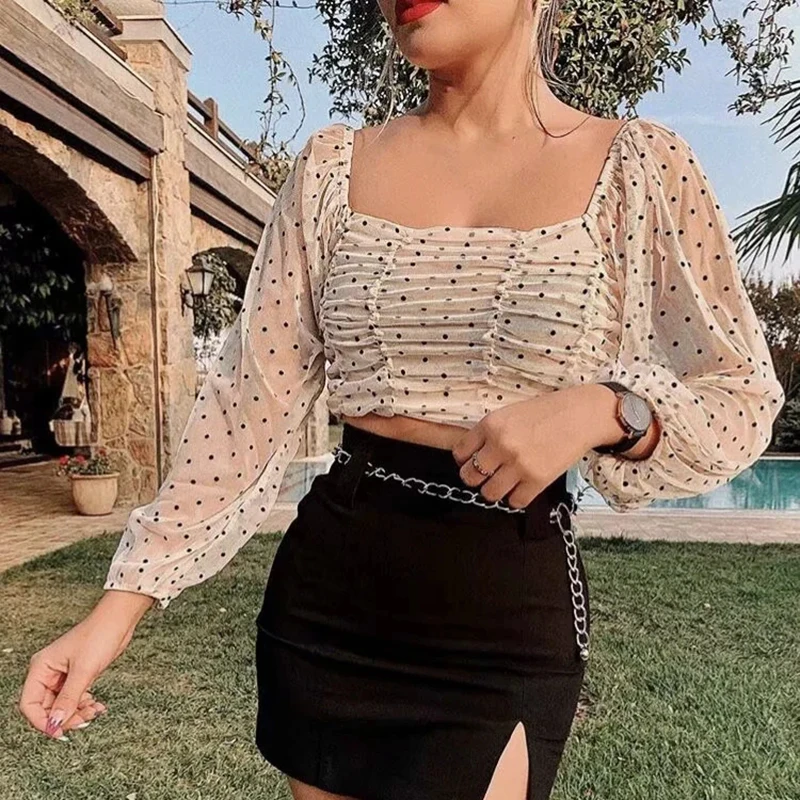 

Summer Fashion Ladies Sexy Boho Shirts Party Blouse Female Sweet Tops Girls Vintage Women Mesh Dots Blouses with Liner
