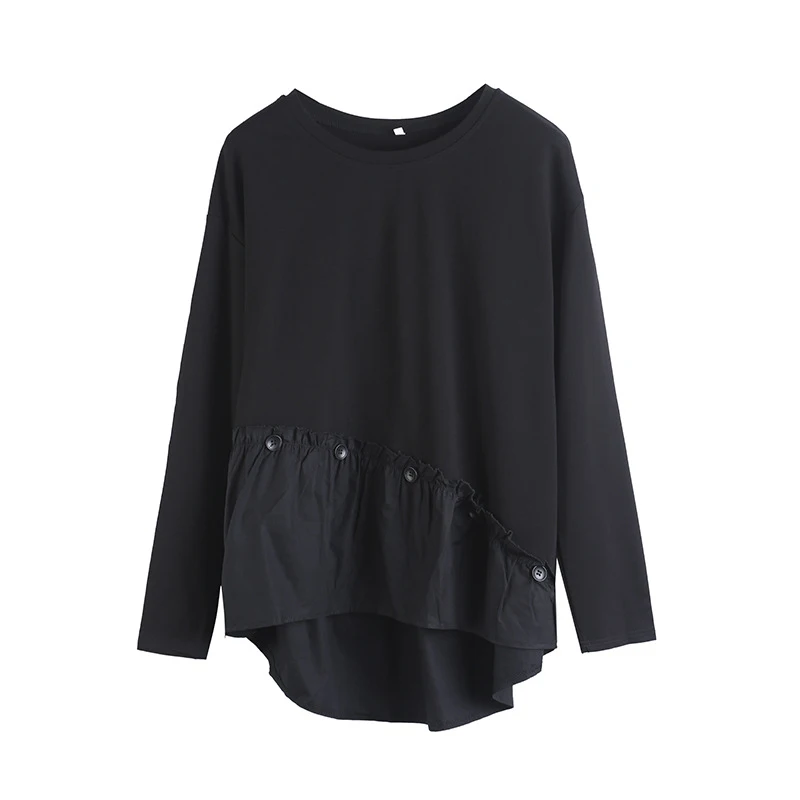

Women Patchwork Ruffles Button T-Shirt New Round Neck Long Sleeve Loose Casual Tee Shirt Tops Fashion Clothes Spring Autumn 2021
