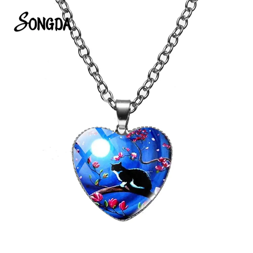 Ожерелье с изображением кота и цветка дерева лунного света Луны милой черной