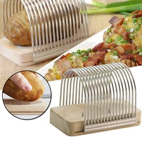 new stainless steel potato slicer cutter with wooden rack reusable durable onion tomatoes slicing rack kitchen tools