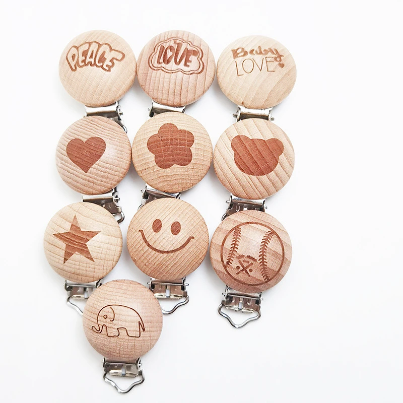 50Pcs Metal Beech Wooden Baby Pacifier Clips Infant Soother Clasps Holders Animal Heart Rugby DIY Accesories Nipple Holder enlarge