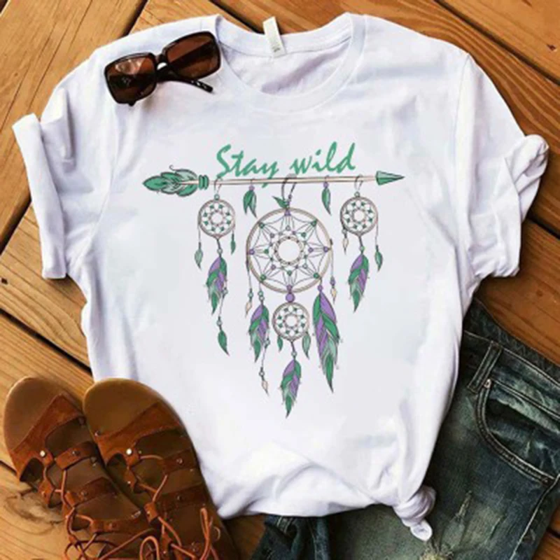 

Plus Size S-3XL Women Flower Dreamcatcher Printed Tshirt Modal T Shirt O Neck Short Sleeve Tees Summer Women Clothing