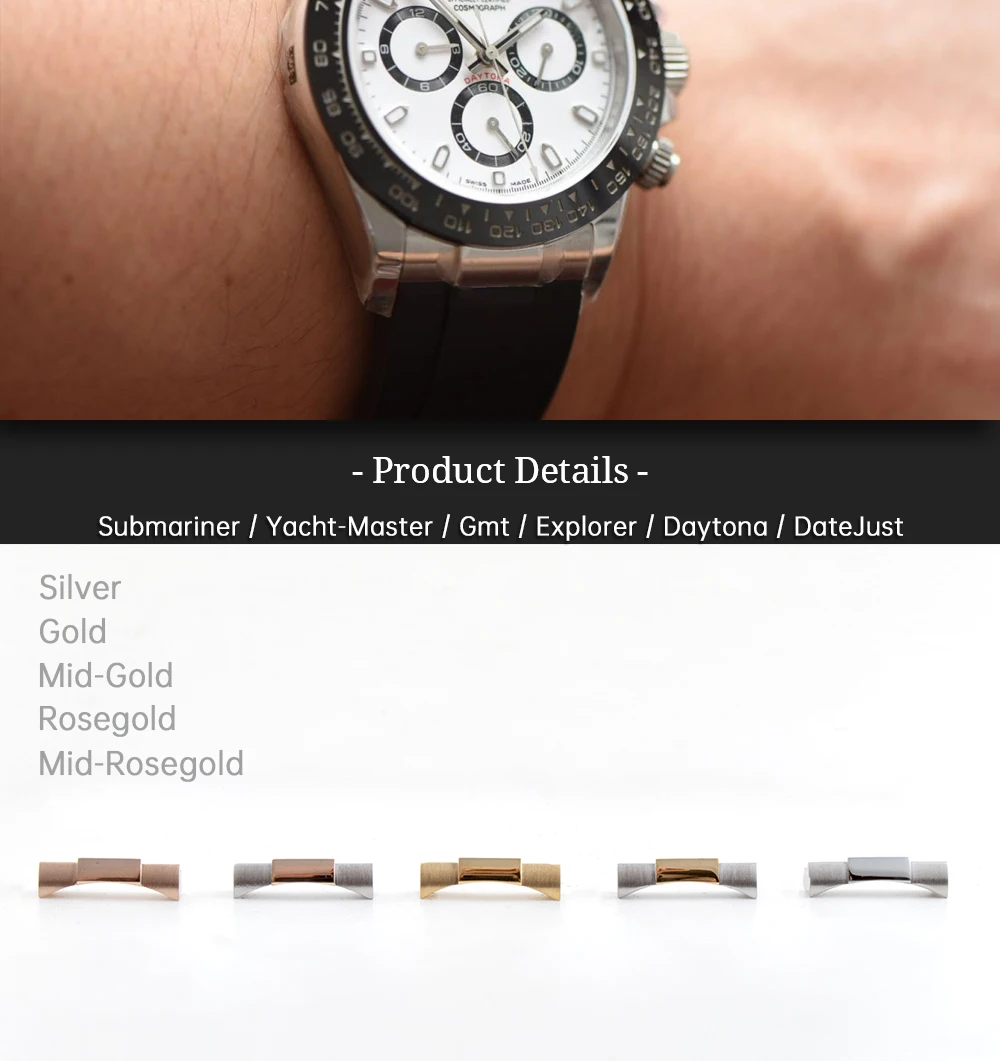 20mm Silver Gold Black RoseGold Solid Curved End Link Endlink Just For Daytona Gmt Submarine Sea master WatchBand Rubber Leather | Наручные