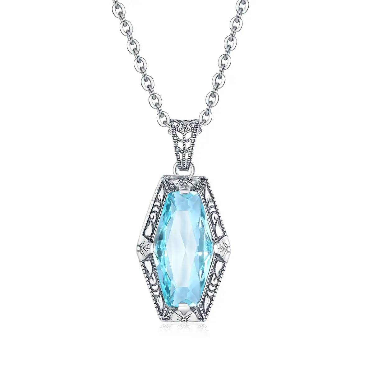 

Hot Blue Crystal Pendant Necklace For Women Sterling Sliver Vintage Aquamarine Boho Bridal Wedding Jewelry Gift,no chain