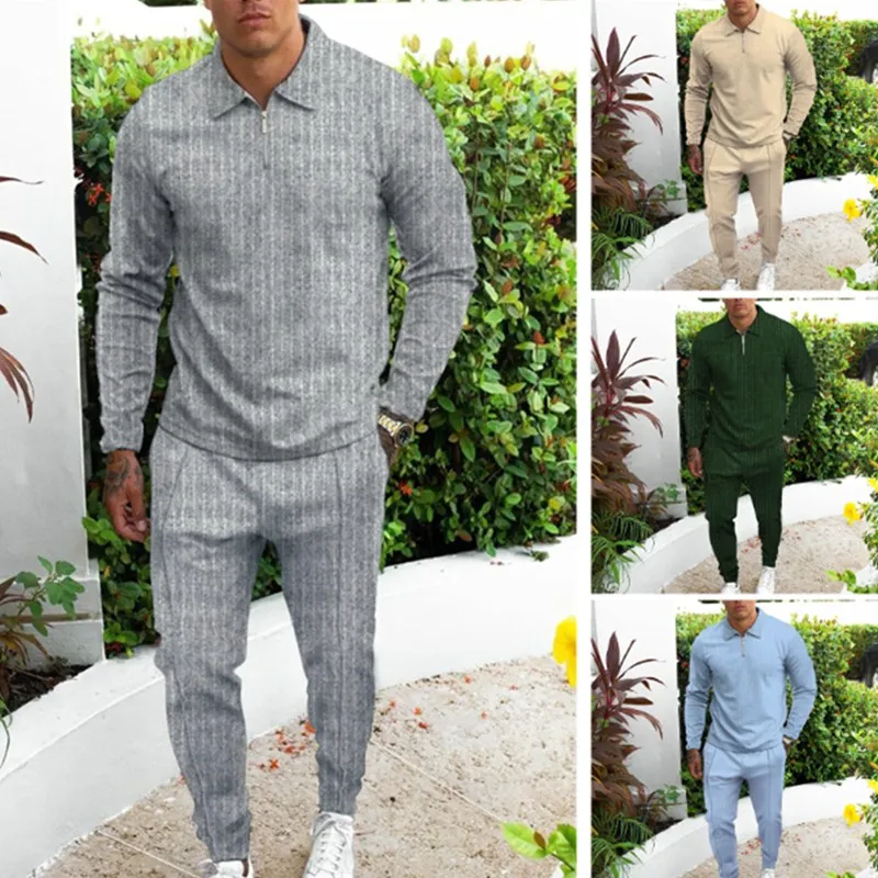 Мужская хлопковая рубашка поло на молнии и брюки с длинным рукавом комплект из 2