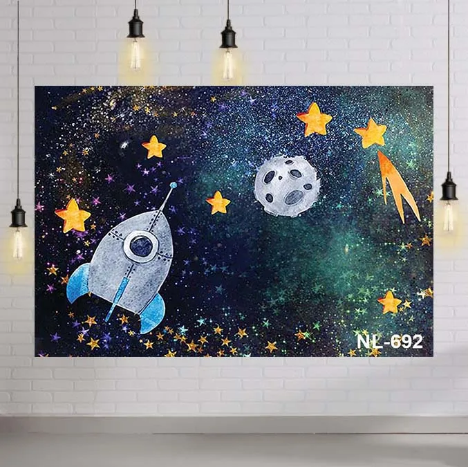 

Outer Space Theme Backdrop for Kid Birthday Space Party Planet Birthday Decoration Galaxy Astronaut To The Moon Photo Background