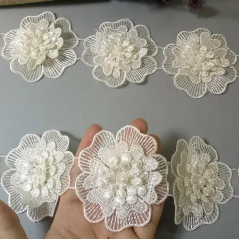 

10X 7.5cm Ivory Pearl Beaded Polyester Flower Lace Trim Ribbon French Fabric Handmade Embroidered Knitting Patches Sewing Craft
