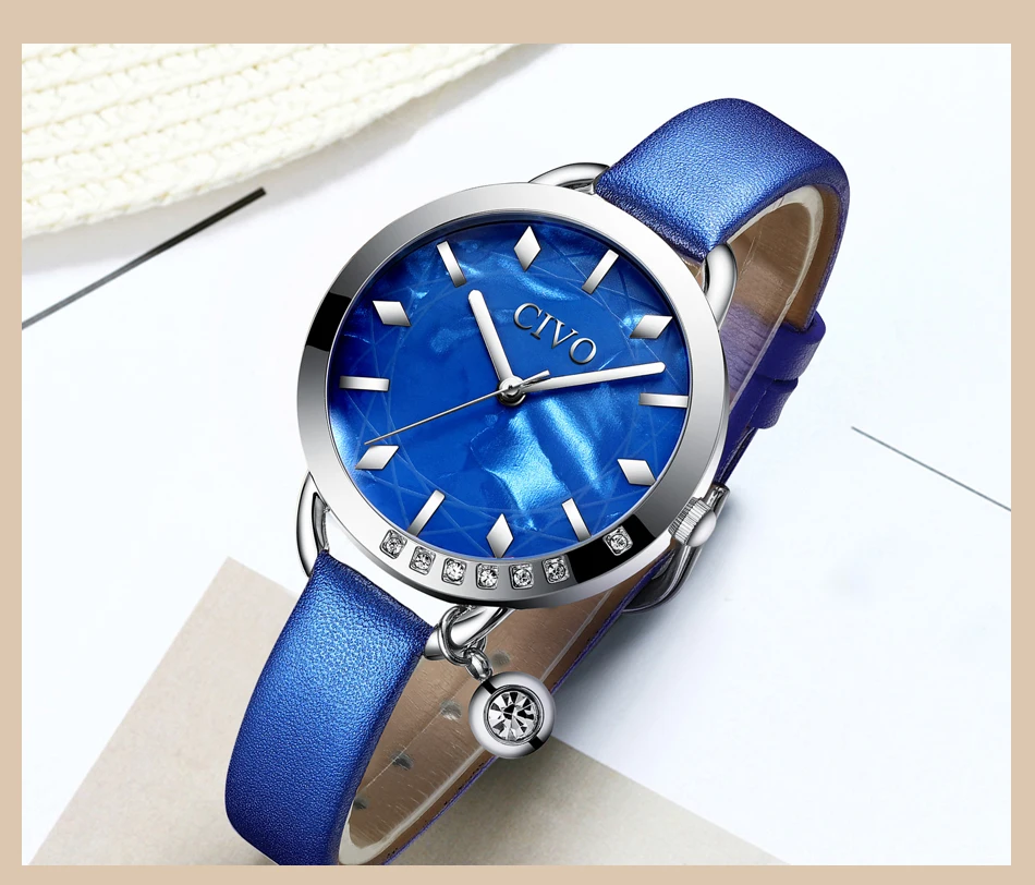 Relogio feminino CIVO модный синий кожаный ремешок женские наручные часы Роскошные Кристальные водонепроницаемые повседневные часы женские подарочные часы