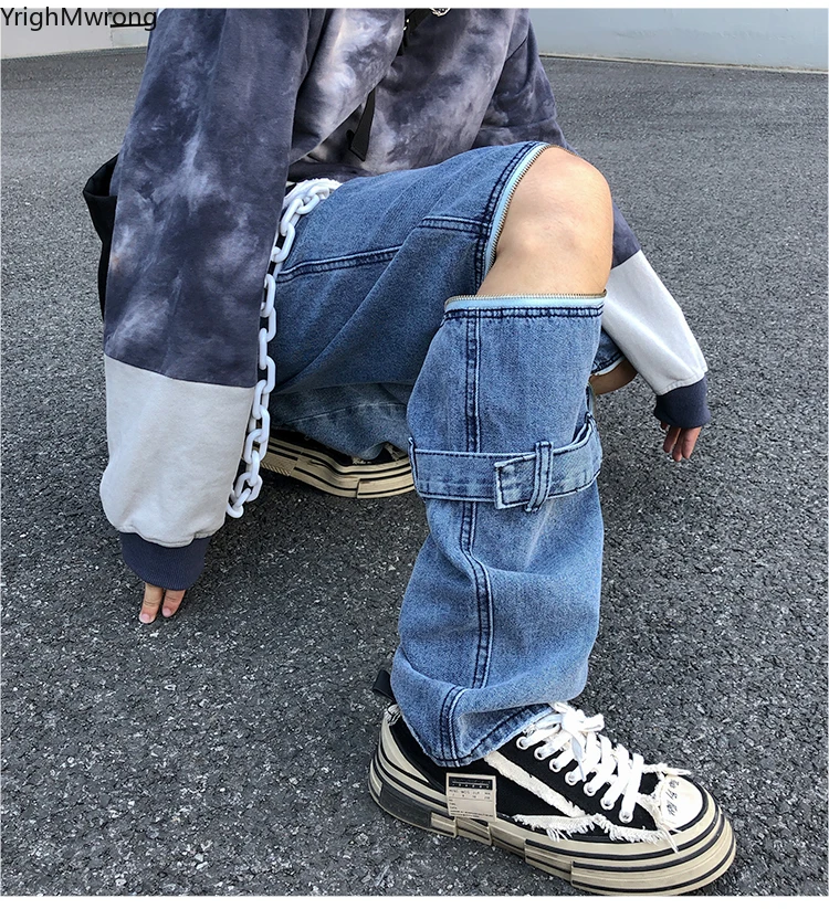 Мужские и женские уличные панк корейские джинсы Harajuku съемное кольцо с молнией пояс Завитая лента свободные джинсовые женские укороченные брюки больших размеров шаровары Хип-хоп