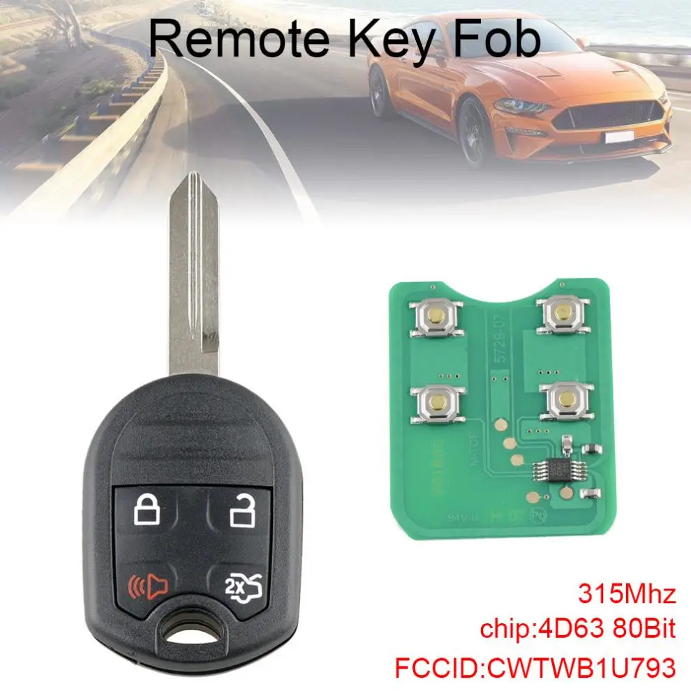 

315Mhz 4 Buttons Keyless Entry Remote Car Key Fob with 4D63 Chip CWTWB1U793 Fit for 2010 2011 2012 2013 2014 Ford / Mustang