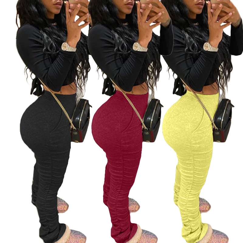 

Ruched Stacked Sweatpants Women Leggings Plus Size Pleated Bodycon Pants Workout Trousers 2020 New Fashion High Waist Pants