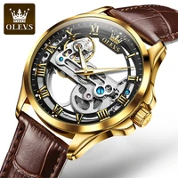 olevs new mens watches hollow automatic mechanical watch men leather sport wristwatch male clock relogio masculino 6661
