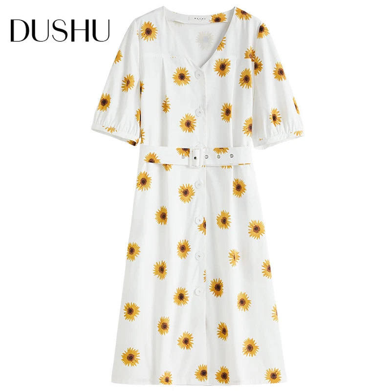 

DUSHU Plus size floral print white midi dress Women v neck sexy beach summer dress Female short sleeve belt elegant boho dress