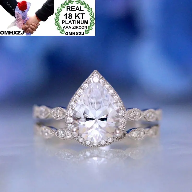 

OMHXZJ Wholesale European Fashion Woman Man Party Wedding Gift Water Drop White AAA Zircon 18KT White Gold Ring RR606