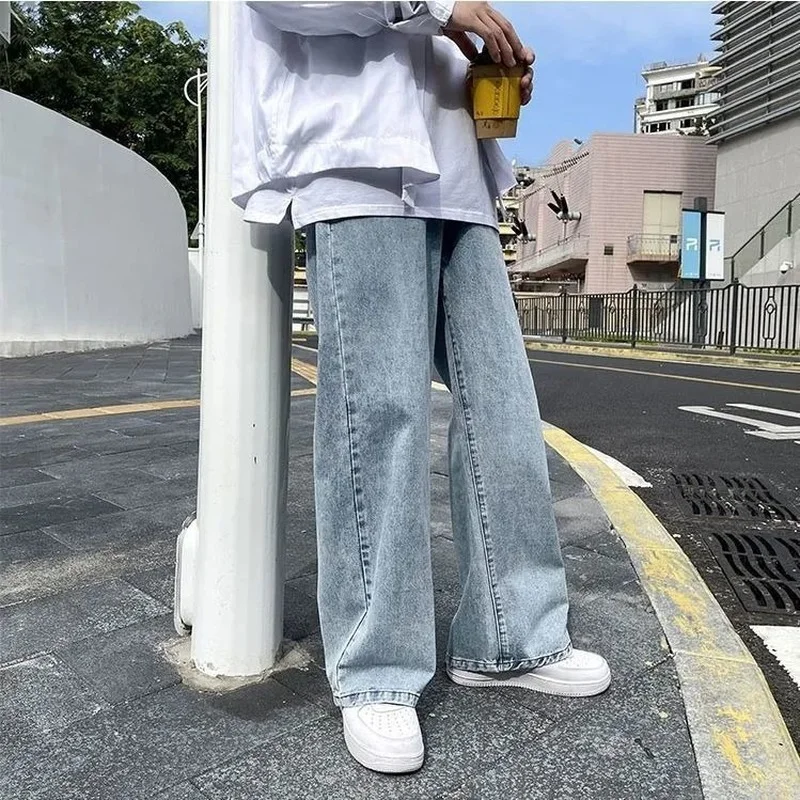 

Solid Light Blue Color Vintage Denim Jean Men Wide-leg Loose Straight Blue Baggy Jeans Male