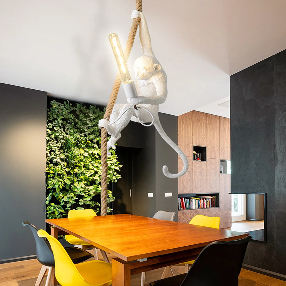 

Современная лампа в форме обезьяны светодиодный подвесной светильник E27 пеньковая веревка Гостиная украшения современный продукт висячие ...