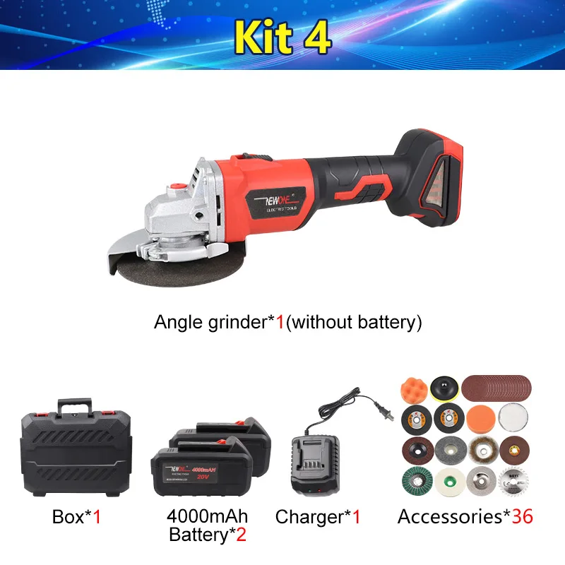 KIT 4 NEWONE 20V бесщеточный 4000mAh литий-ионный M10 угловой шлифовальный станок с лопаточный переключатель Беспроводная шлифовальная машина шлифовальный электроинструмент - Цвет: KIT 4