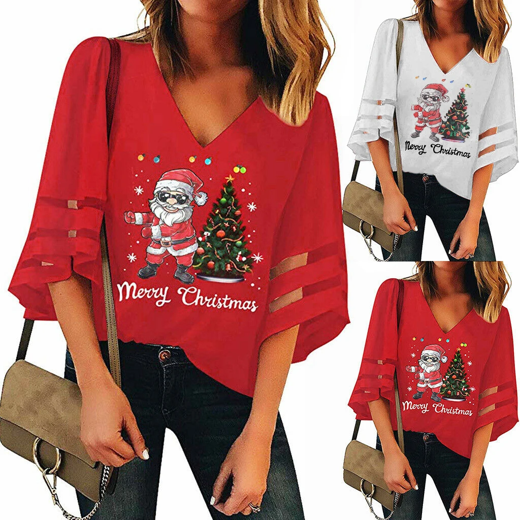 

Women CHRISTMAS Print Blouse T-Shirt Top Summer V-Neck Mesh Top Trumpet Sleeves