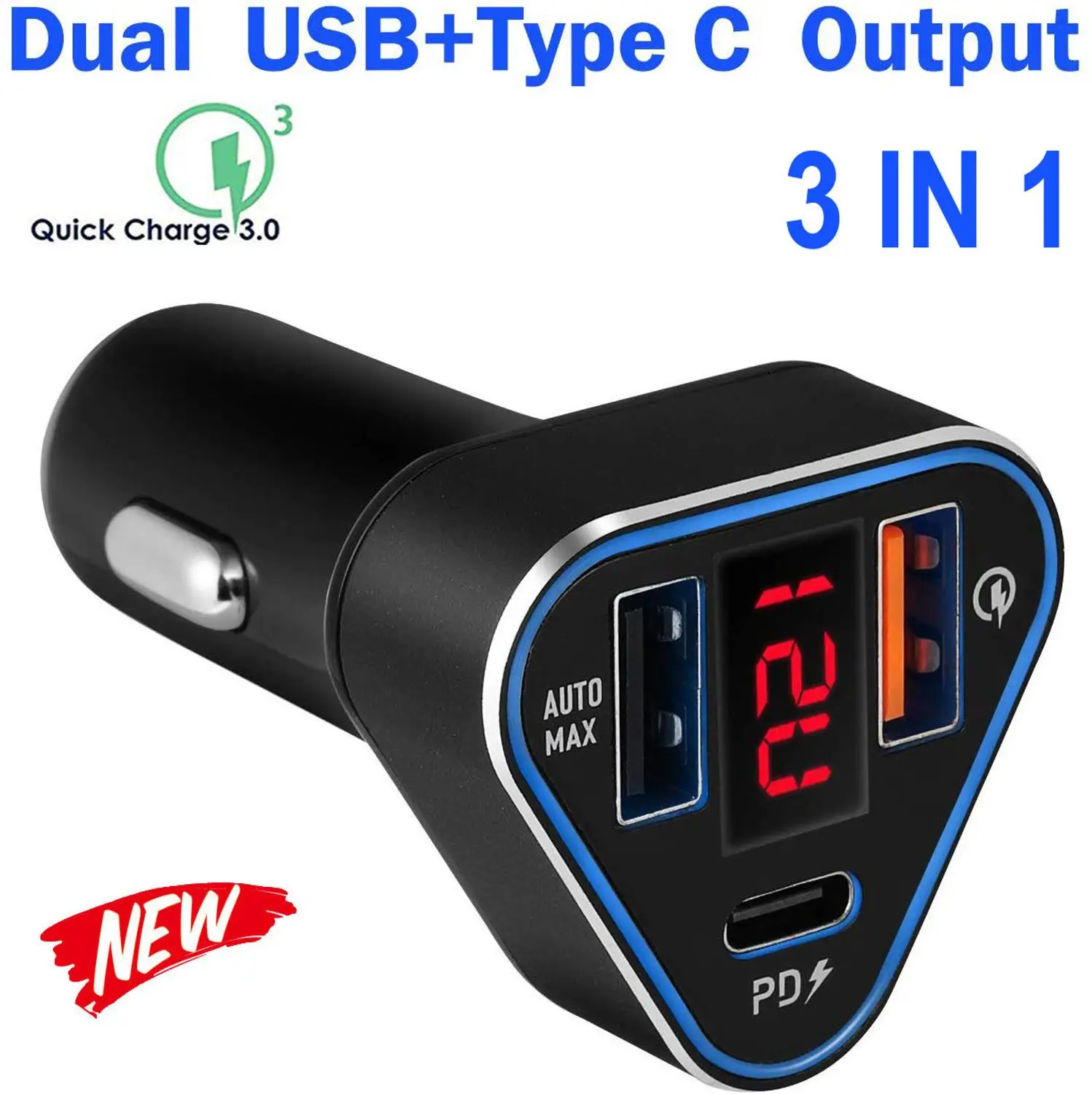 3 в 1 Автомобильное зарядное устройство QC 0 USB PD Type C Быстрая зарядка ЖК дисплей для