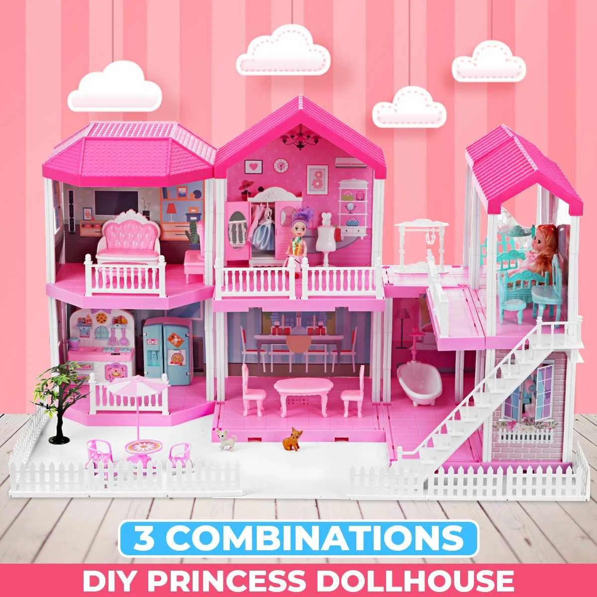 

Princess Big Villa DIY Dollhouses Casa Pink Castle Play House With Slide Yard Kit Assembled Doll House Toys