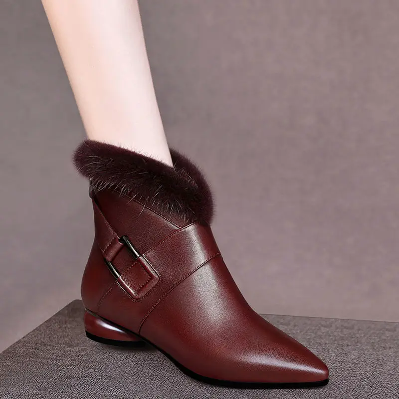 

Mink Fur Ankle Boots Woman,2020 Women's Winter Shoes,Soft Leather,Pointed Toe,Low Heel, Big Size,Female Footware,Black,BROWN