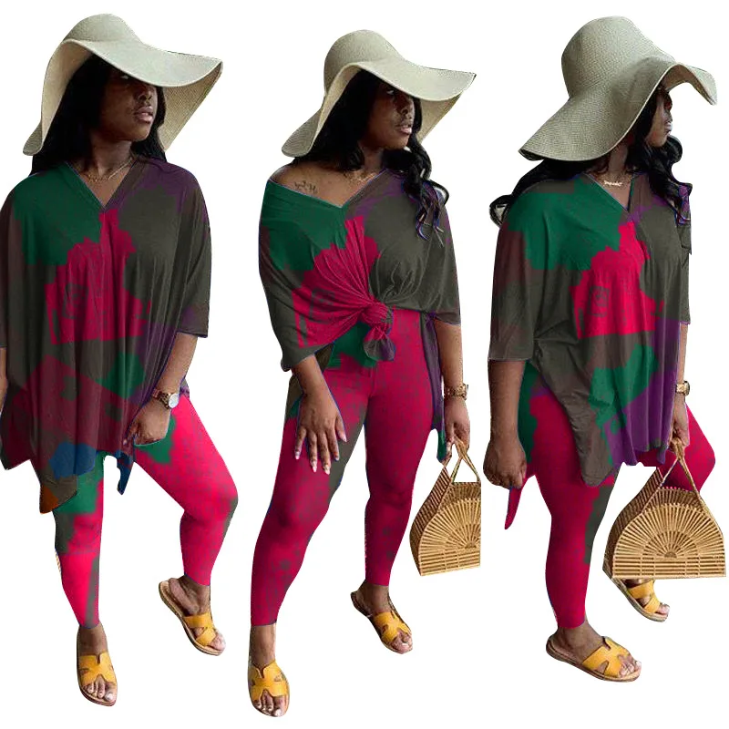 

Hot Active Wear Women Clothes Set Gradient Tie Dye Batwing Tee Tops Pants Suit Tracksuit Sport Two Piece Set Fitness Outfit