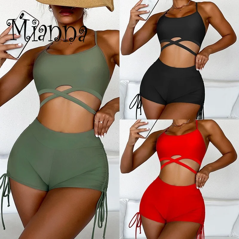 

Bikini 2022 Solid Color Bandage Swimsuit Bikini Bohemia Style Off Shoulder U Neck Bathing BeachBikinis Bathing 2Piece Set Women