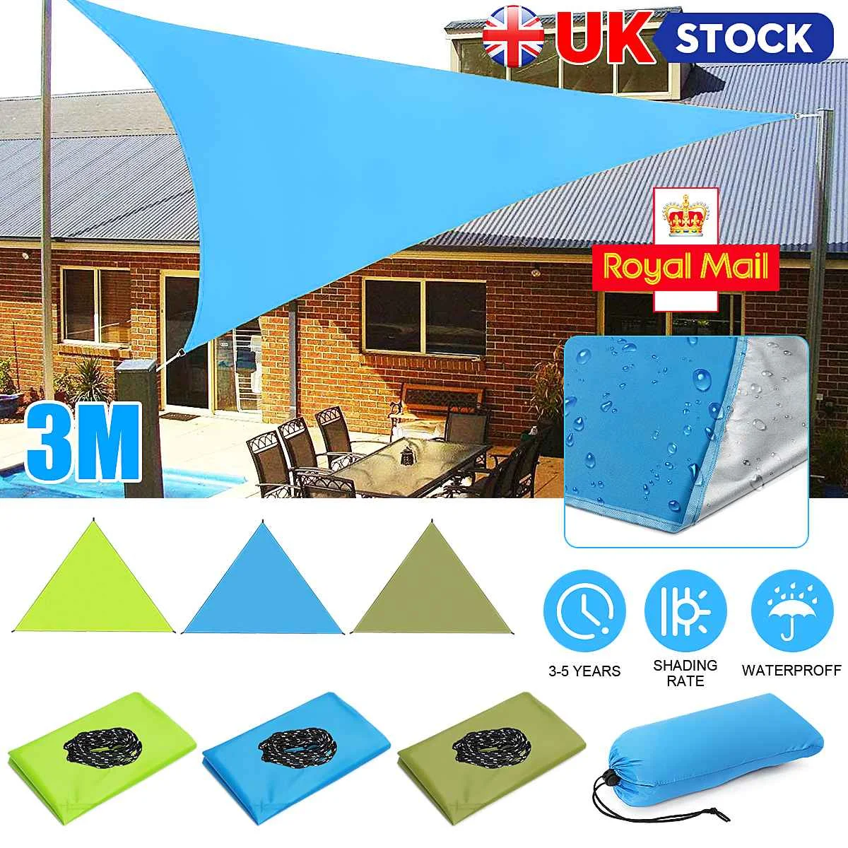 

3x3x3M Waterproof Sun Shelter Sunshade Protection Shade Sail Awning Camping Shade Cloth Large For Outdoor Canopy Garden Patio