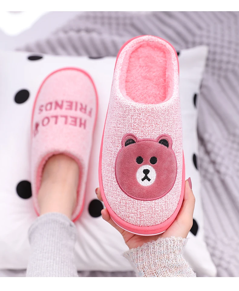 Women Winter Home Slippers Cartoon Bear Non-slip Soft Winter Warm House Slippers Indoor Bedroom Lovers Couples Floor Shoes Men
