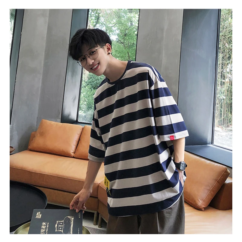 

Футболка мужская оверсайз в стиле хип-хоп, модная повседневная хлопковая, с коротким рукавом, в полоску, для фитнеса, синяя летняя уличная од...