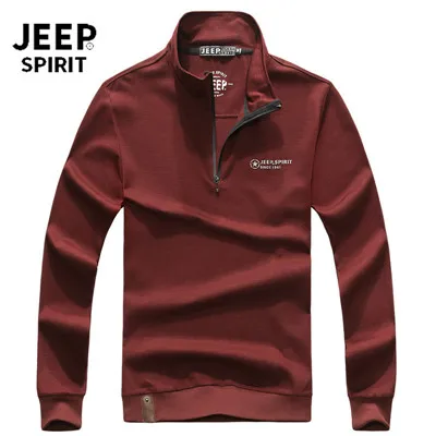 JEEP SPIRIT брендовая Осенняя футболка мужская с длинным рукавом Стенд половина на молнии воротник Теплая мужская футболка однотонная футболка homme - Цвет: Красный
