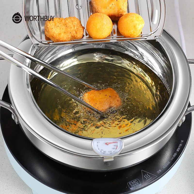 

WORTHBUY Multifunctional Deep Frying Pot 18/8 Stainless Steel Frying Pan With Thermometer Lid Non-Stick Kitchen Cookware Fryer