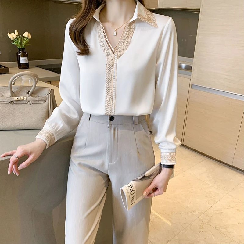 Женская шифоновая блузка с V-образным вырезом и длинным рукавом |