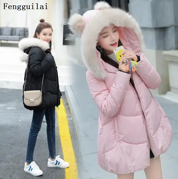 Корейская мода Женское зимнее пальто Черная куртка с капюшоном и воротником из