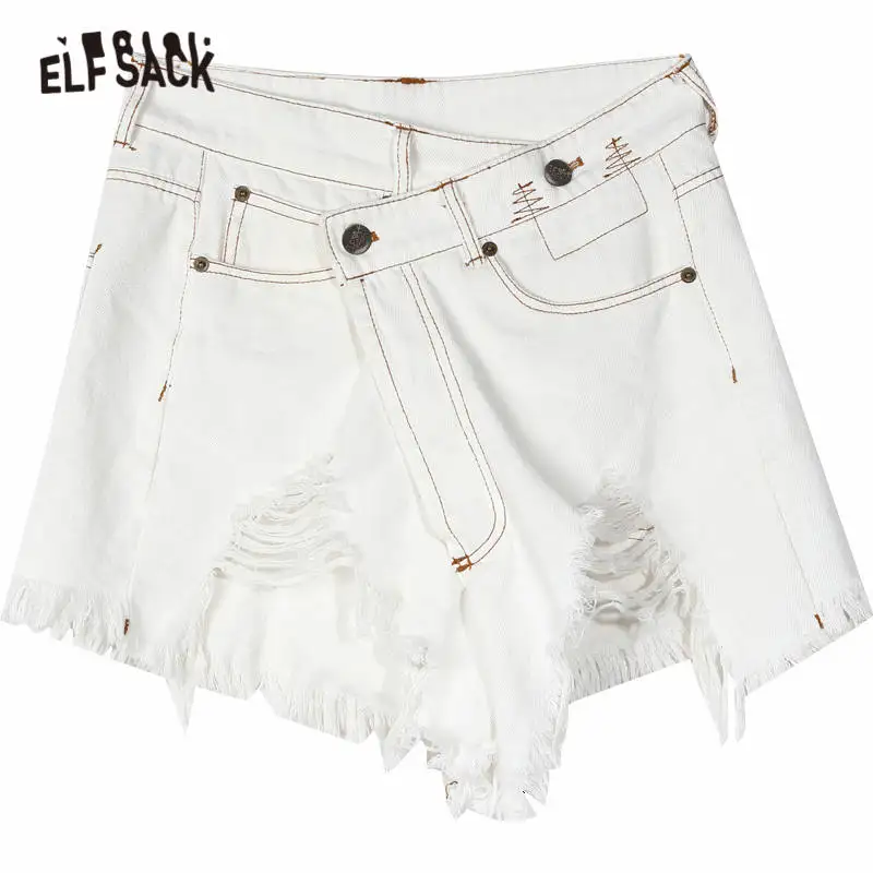

ELFSACK White Solid Raw Hem Ripped Hole Casual Women Denim Shorts 2020 Summer Irregular High Waist Korean Ladies Daily Bottoms
