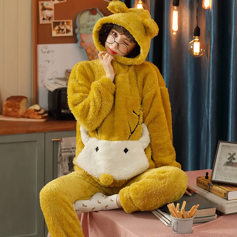 

Cute Winter Flannel Pajamas Set Women's Sleepwear Thick Plush Animal Cartoon Warm Girl Plus Velvet Hooded Homewear pijama pjs