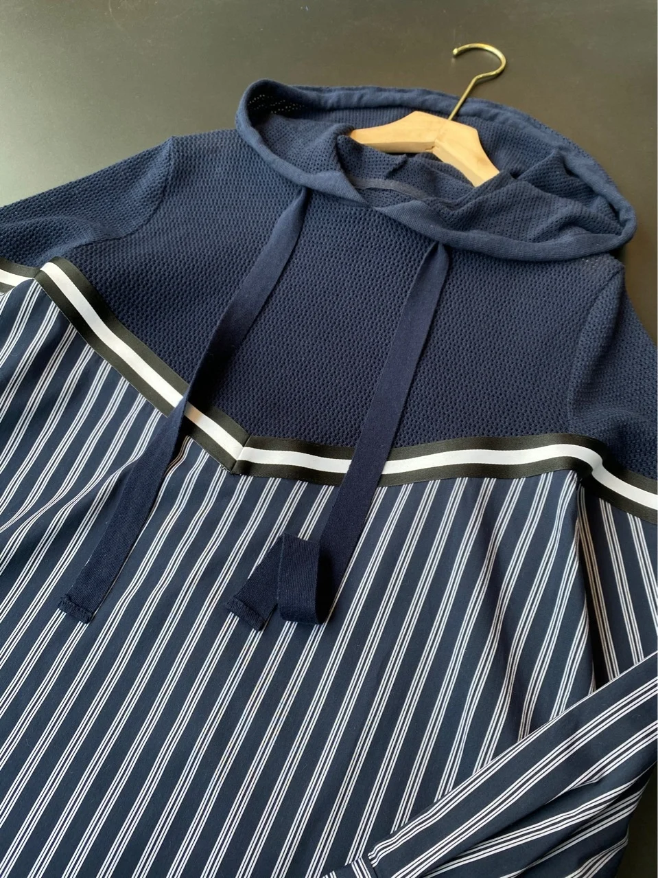 

Early autumn new design knitted stitched woven hoodie with accent casual long sleeve top