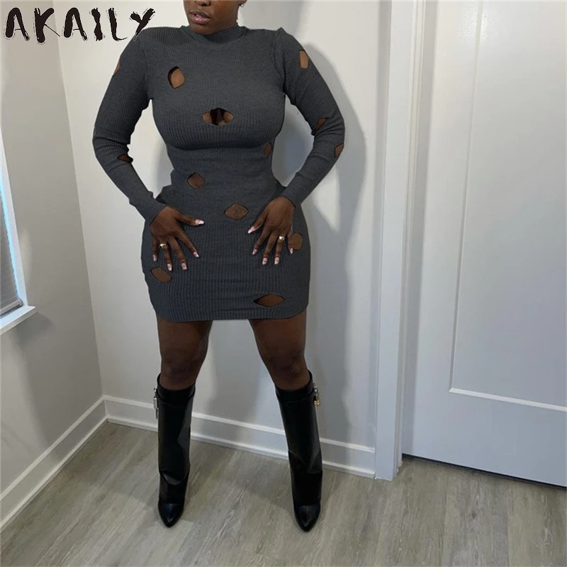 

Akaily Streetwear Black Hollow Out Dress Women Solid Turtleneck Long Sleeve Bodycon Dress Female 2021 Ribbed Summer Casual Dress