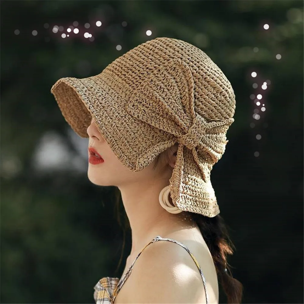 

New Ladies Foldable Fashion Sun Protection Hat Bow Straw Hats Beach Women's Summer Panama Collapsible Brimmed Wide Brim Cap Hot