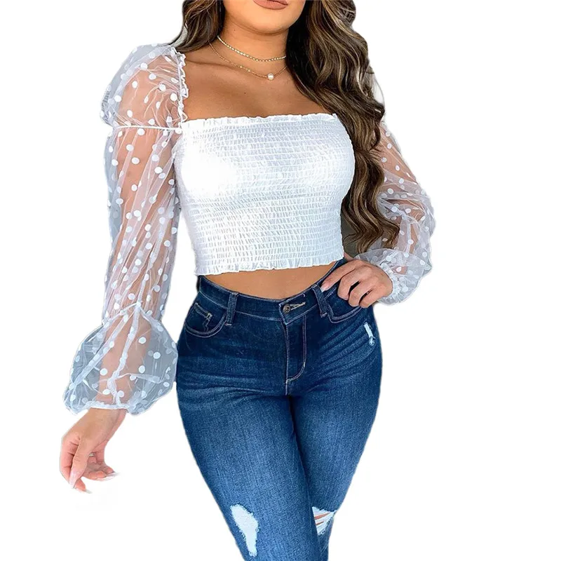 Модная женская однотонная повседневная сетчатая блузка в горошек с открытыми