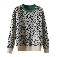 autumn winter women sweaters leopard knitted pullovers long sleeve contrast color crewneck jumpers sweter mujer