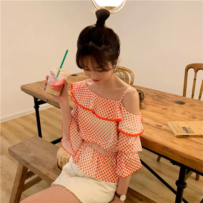 

Asymmetry Off Shoulder Crop Top Shirts Ruffles Womens Tops and Blouses Fashion Brand Clothing Polka Dot Tops Flare Sleeve New