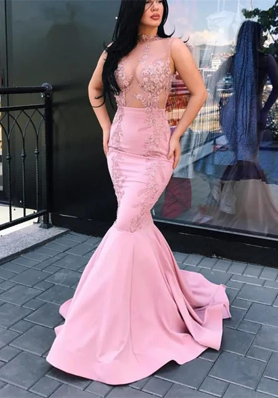 

Ярко-розовые вечерние платья Русалка с высокой горловиной атласная аппликация длинное вечернее платье Дубай Саудовский арабский наряд платья для выпускного вечера