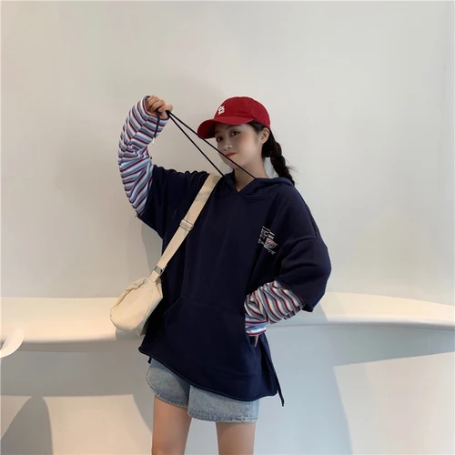 Повседневные свободные темно синие женские толстовки с капюшоном и длинным