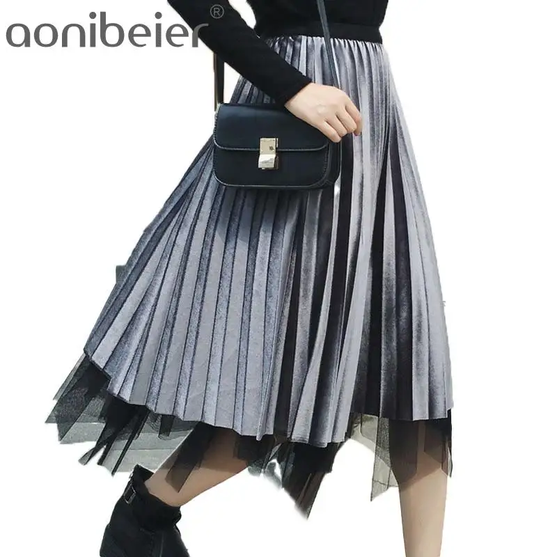 Женская плиссированная юбка Aonibeier черная серая длинная с эластичной высокой