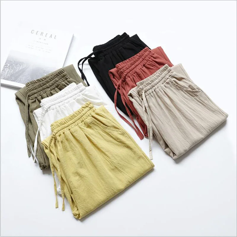 Женские Летние льняные брюки 9/10 хлопковые и с высокой талией Женская свободная