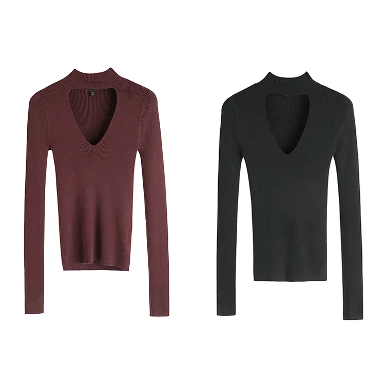 Тонкий свитер в рубчик с чокером женские трикотажные топы вырезами | Женская