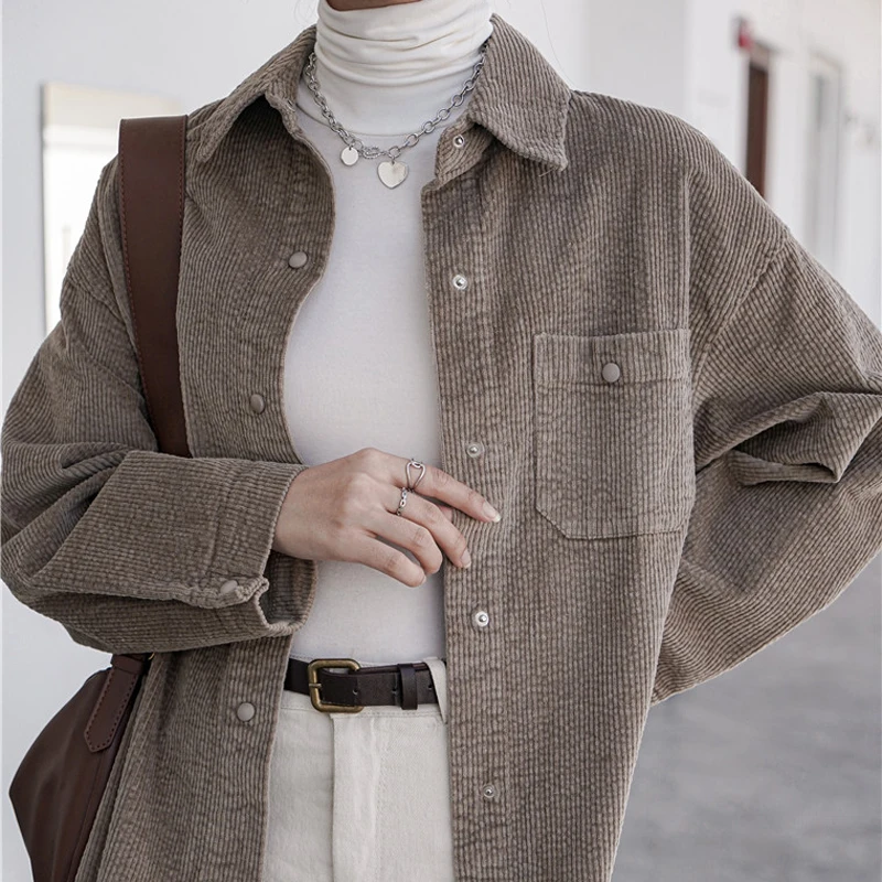 

2021 New Women Shirt Solid Female Corduroy Blouse Loose Coat Fashion Fresh Elegant Office Lady Casual Girl Tops